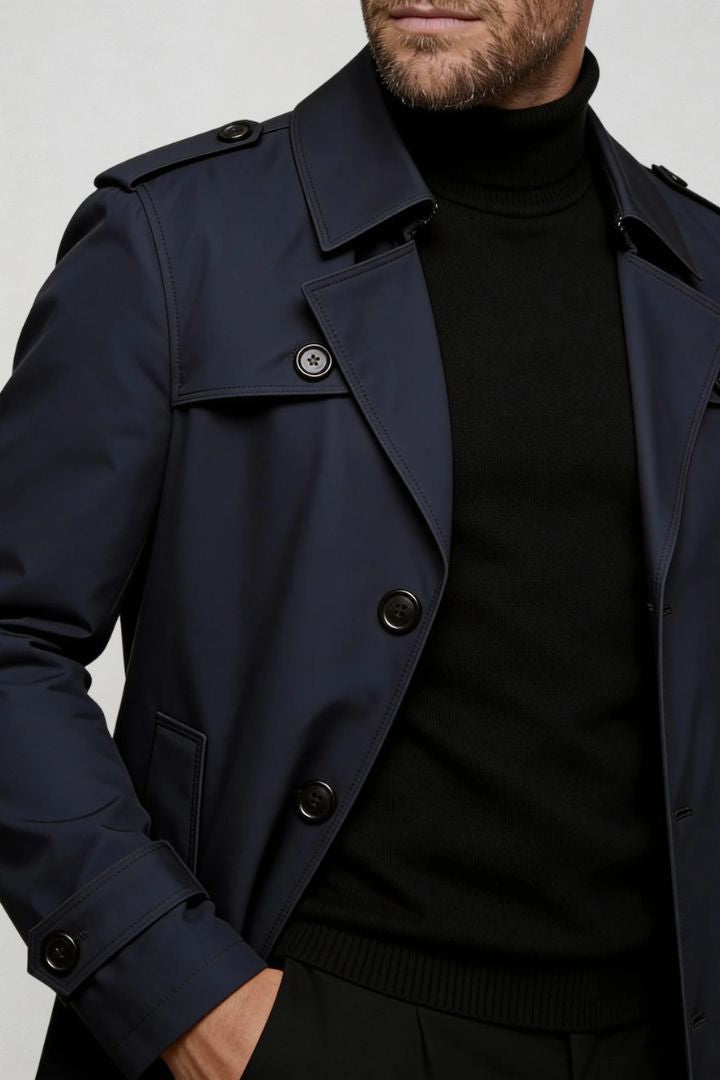 men’s navy mid-length tailored coat smart casual trench jacket structured fit close-up