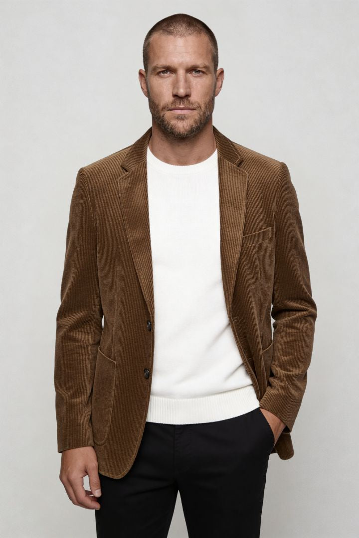 Lavencio Men’s slim fit brown corduroy blazer with notch lapel and two-button closure