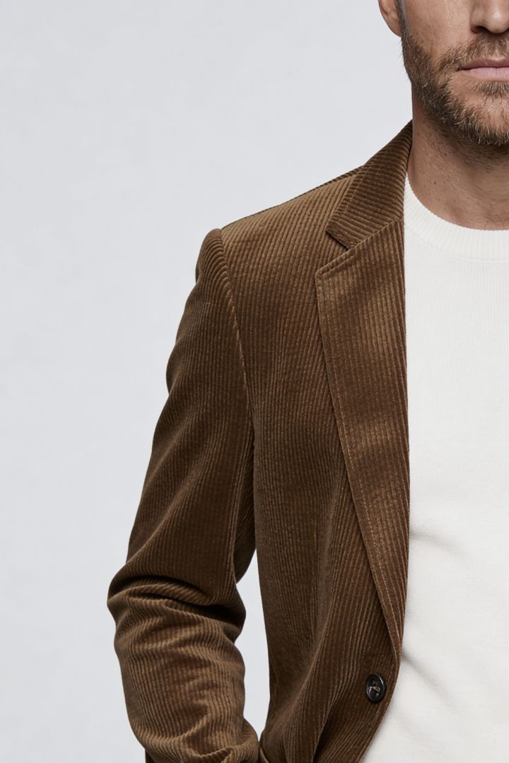 Lavencio Men’s slim fit brown corduroy blazer with notch lapel and two-button closure close-up