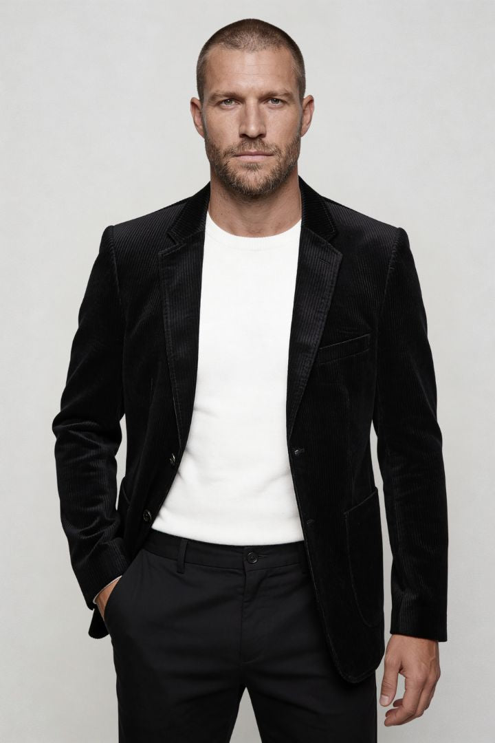 Lavencio Men’s slim fit black corduroy blazer with notch lapel and two-button closure front