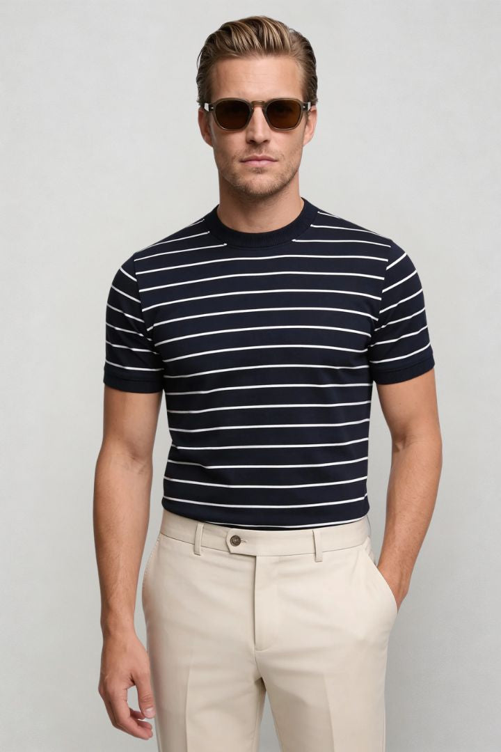 Lavencio Men’s slim fit textured cotton knit short sleeve t-shirt in navy