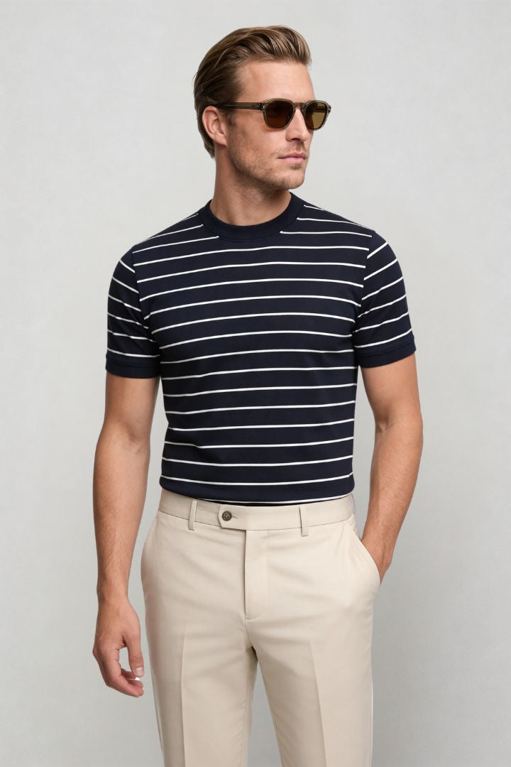 Lavencio Men’s slim fit textured cotton knit short sleeve t-shirt in navy front side
