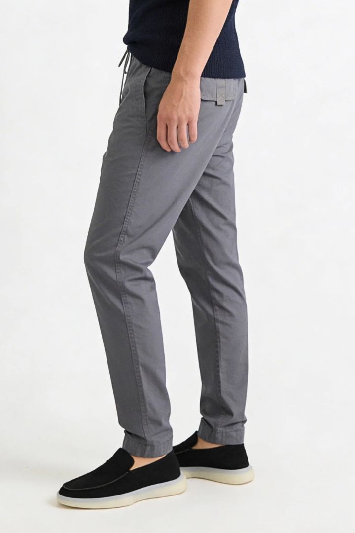 Men’s Gray Cotton Drawstring Trousers – side view, smart-casual fit