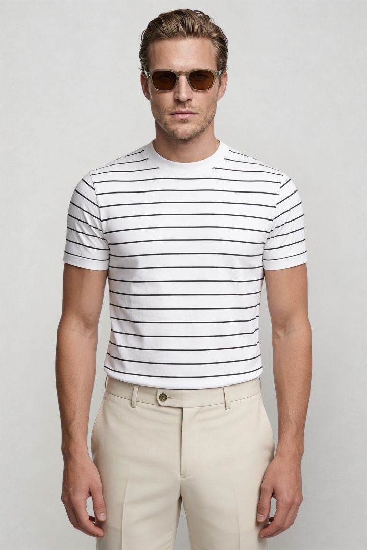 Lavencio Men’s slim fit textured cotton knit short sleeve t-shirt in white