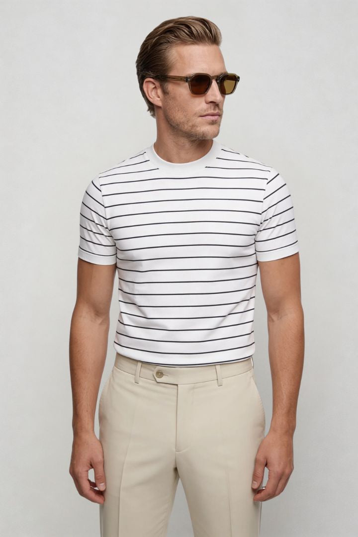 Lavencio Men’s slim fit textured cotton knit short sleeve t-shirt in white front