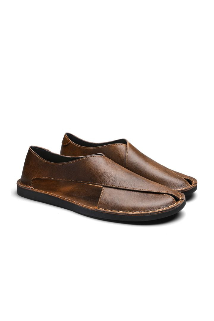 Men’s brown breathable leather open-side sandals with minimalist summer slip-on design and flexible sole