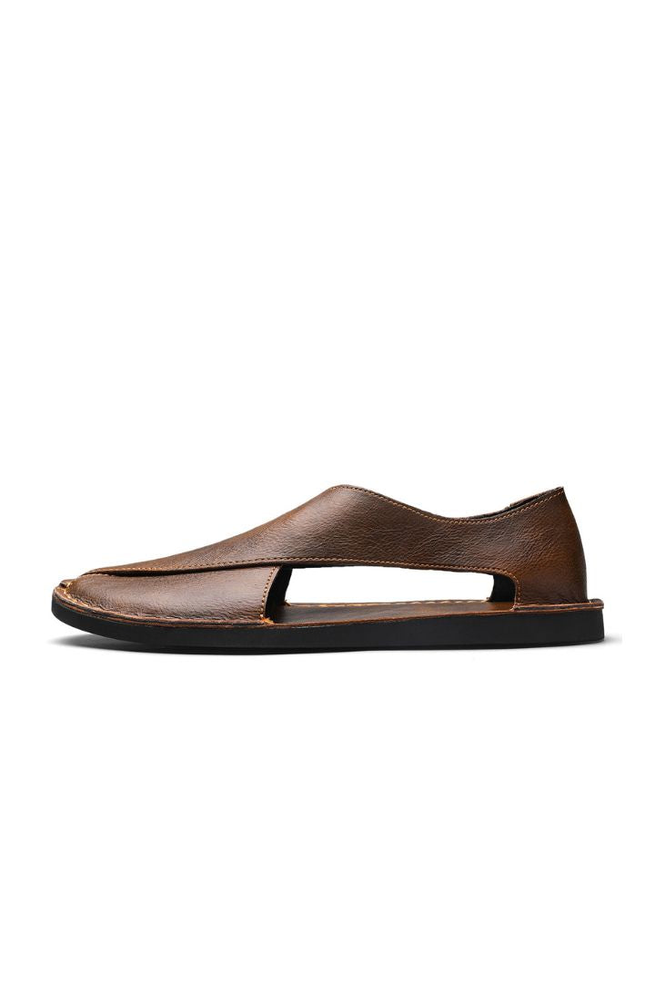 Men’s brown breathable leather open-side sandals with minimalist summer slip-on design and flexible sole side view