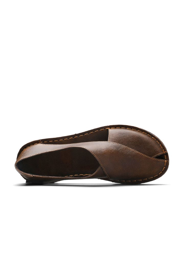 Men’s brown breathable leather open-side sandals with minimalist summer slip-on design and flexible sole upper view