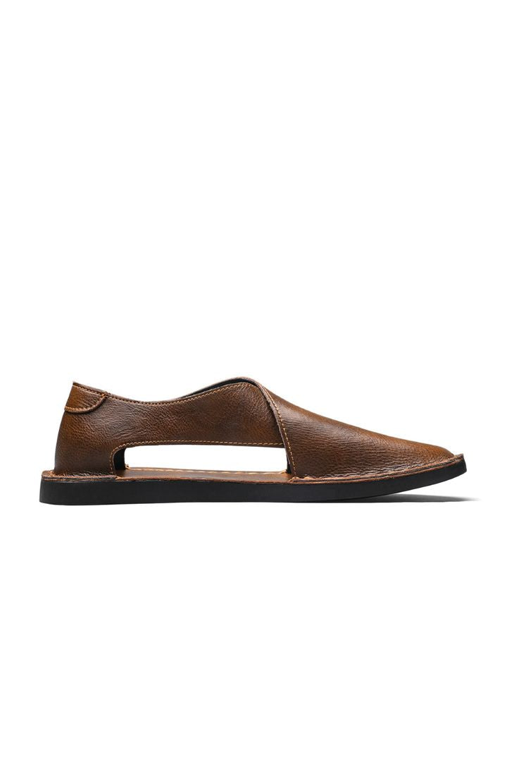 Men’s brown breathable leather open-side sandals with minimalist summer slip-on design and flexible sole side view