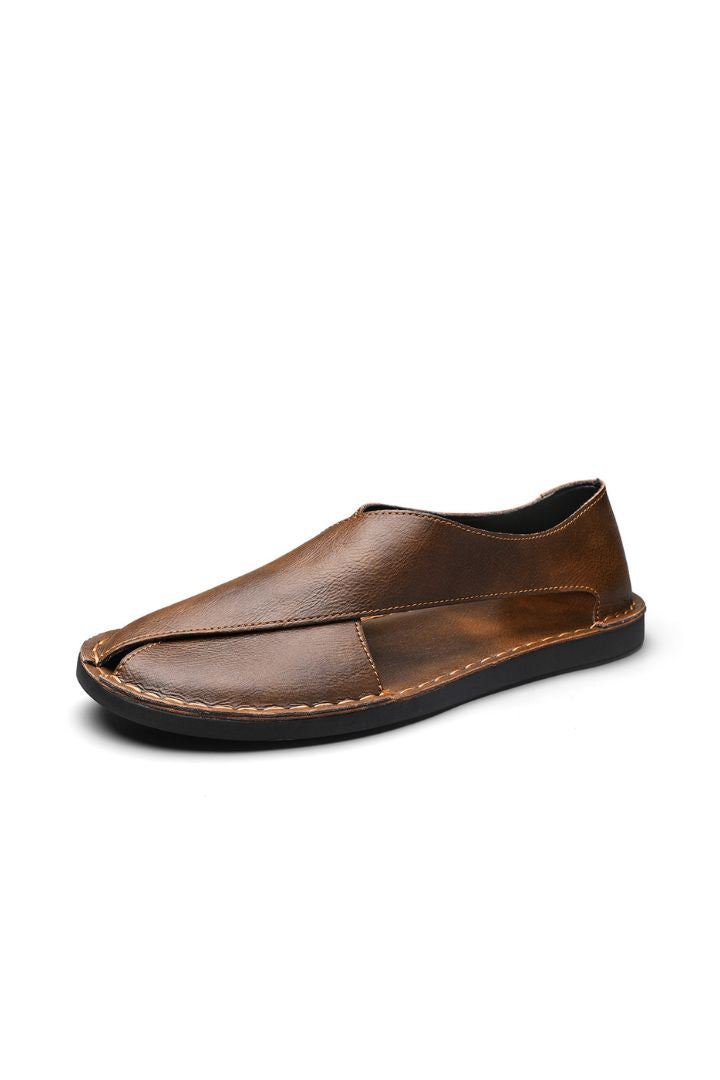 Men’s brown breathable leather open-side sandals with minimalist summer slip-on design and flexible sole front view