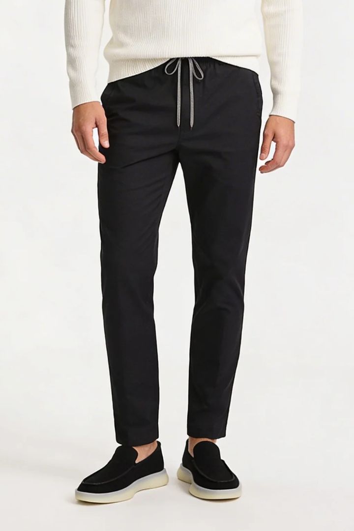 Men’s Black Cotton Drawstring Trousers – front view, clean everyday trousers