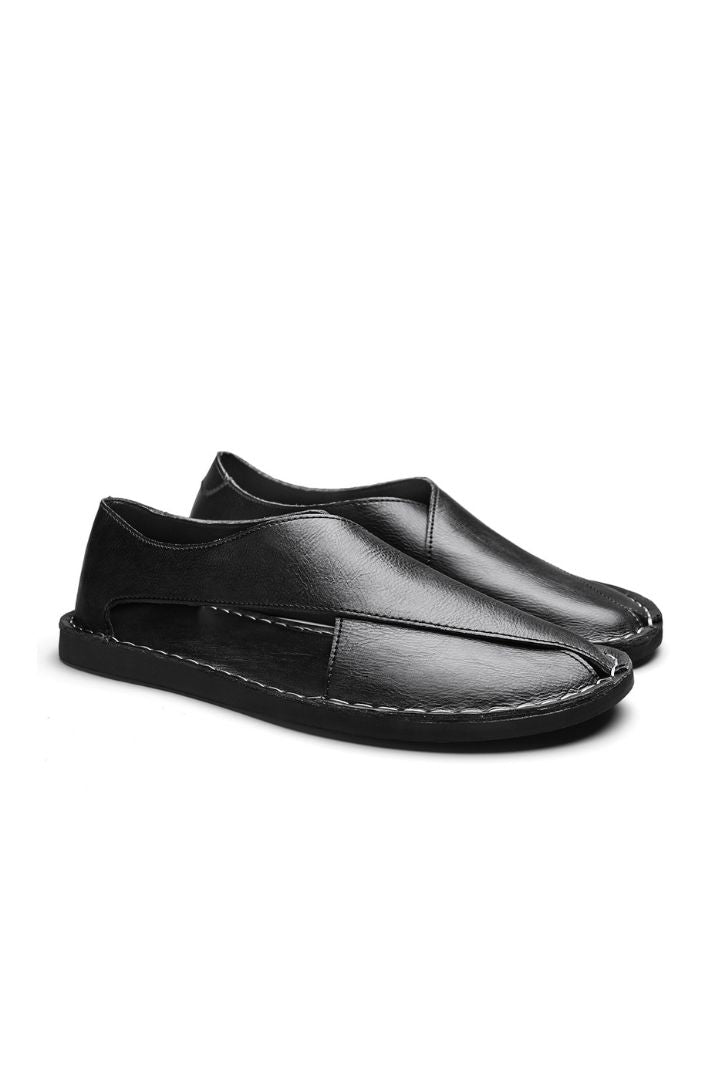 Men’s black breathable leather open-side sandals with minimalist summer slip-on design and flexible sole