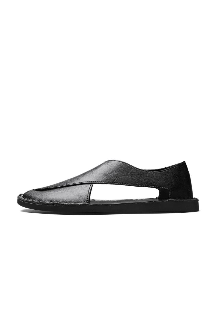 Men’s black breathable leather open-side sandals with minimalist summer slip-on design and flexible sole side view