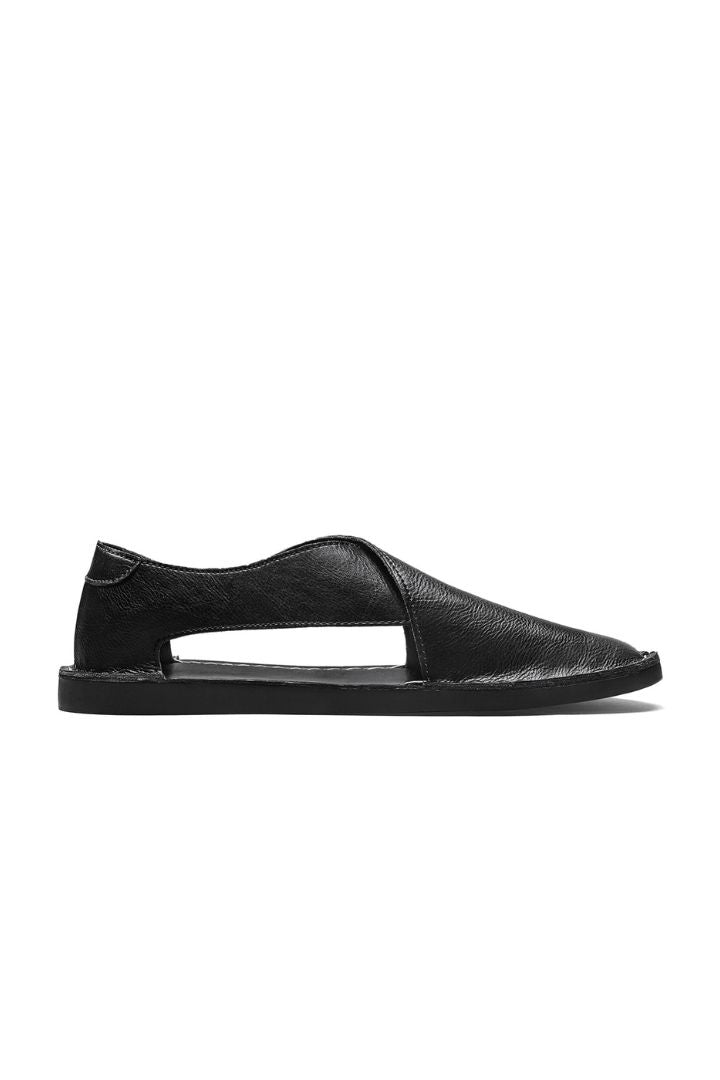 Men’s black breathable leather open-side sandals with minimalist summer slip-on design and flexible sole side view
