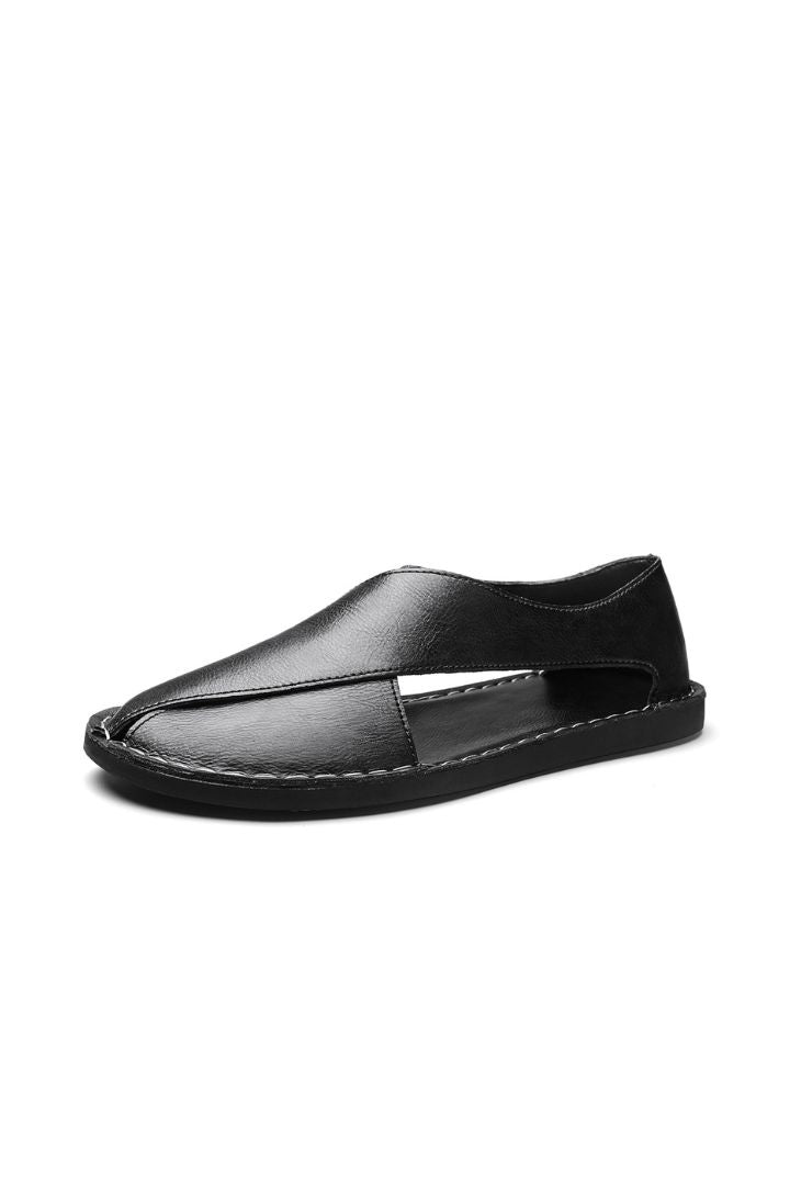 Men’s black breathable leather open-side sandals with minimalist summer slip-on design and flexible sole front view