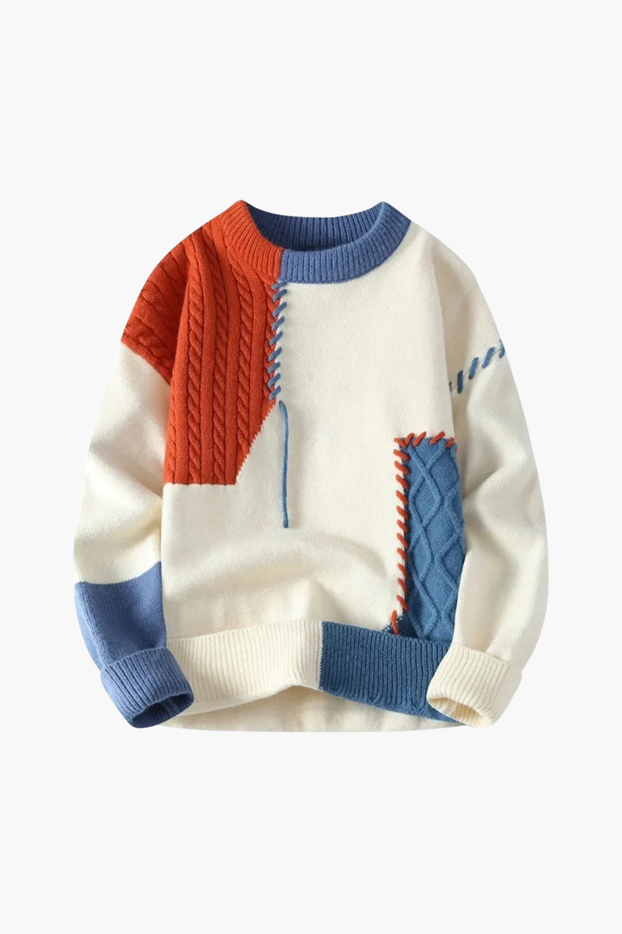 Color-blocked sweater with white, orange, and blue sections on a white background