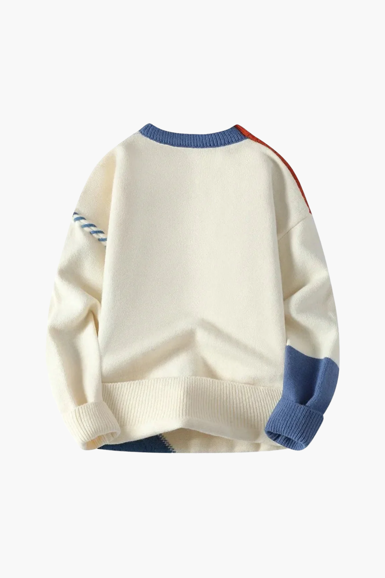 White sweater with blue and red accents on a white background