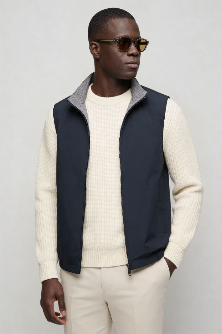 Lavencio Men’s slim fit reversible lightweight zip vest for smart casual layering navy