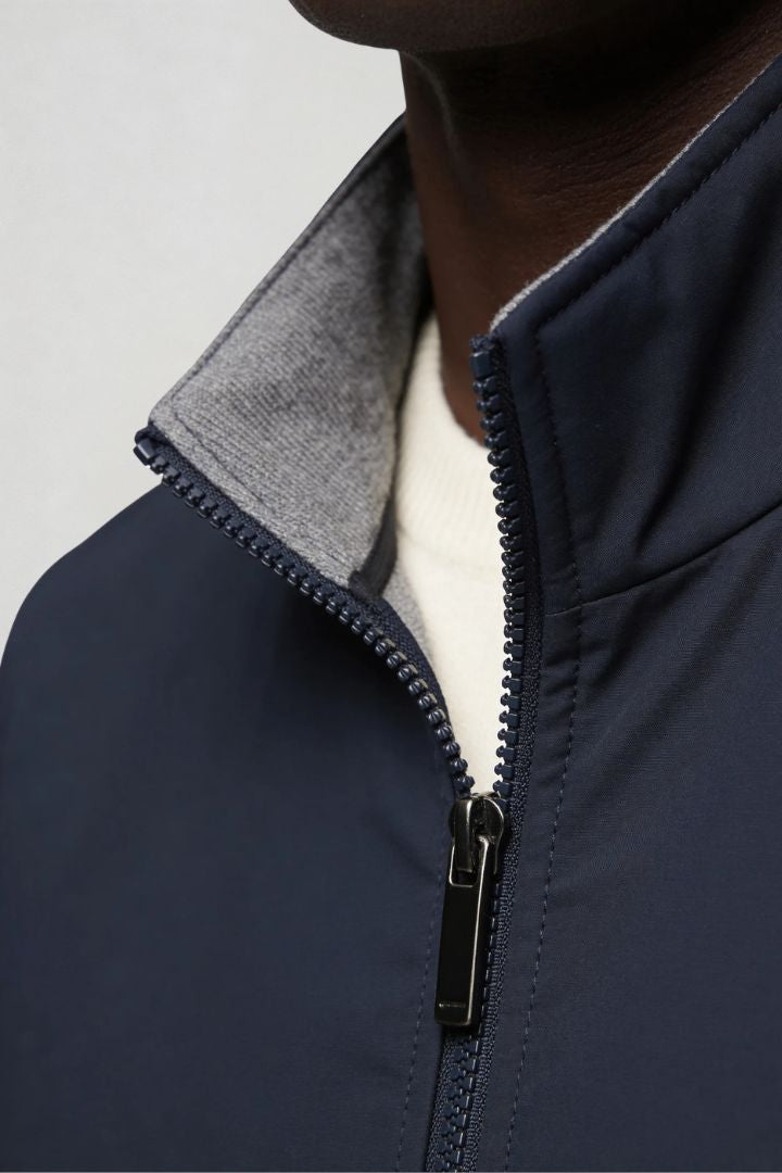 Lavencio Men’s slim fit reversible lightweight zip vest for smart casual layering navy close up