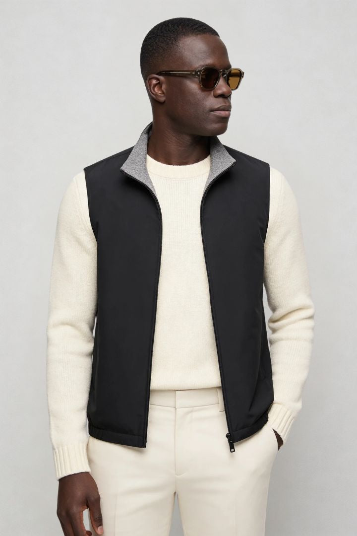 Men’s slim fit reversible lightweight zip vest for smart casual layering black side