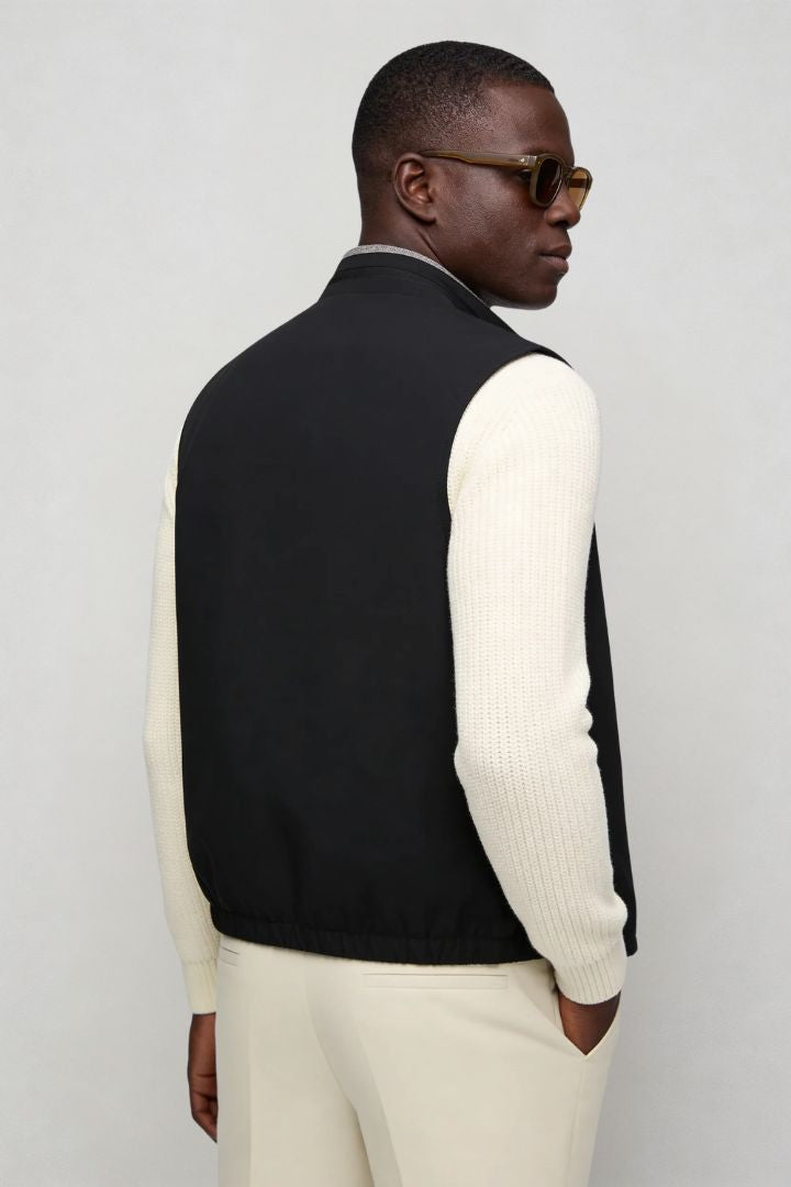 Men’s slim fit reversible lightweight zip vest for smart casual layering black back