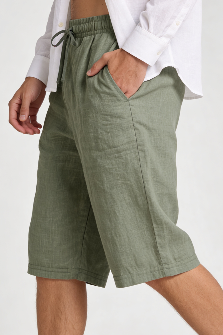 Trevor Linen Drawstring Capri Shorts - Green
