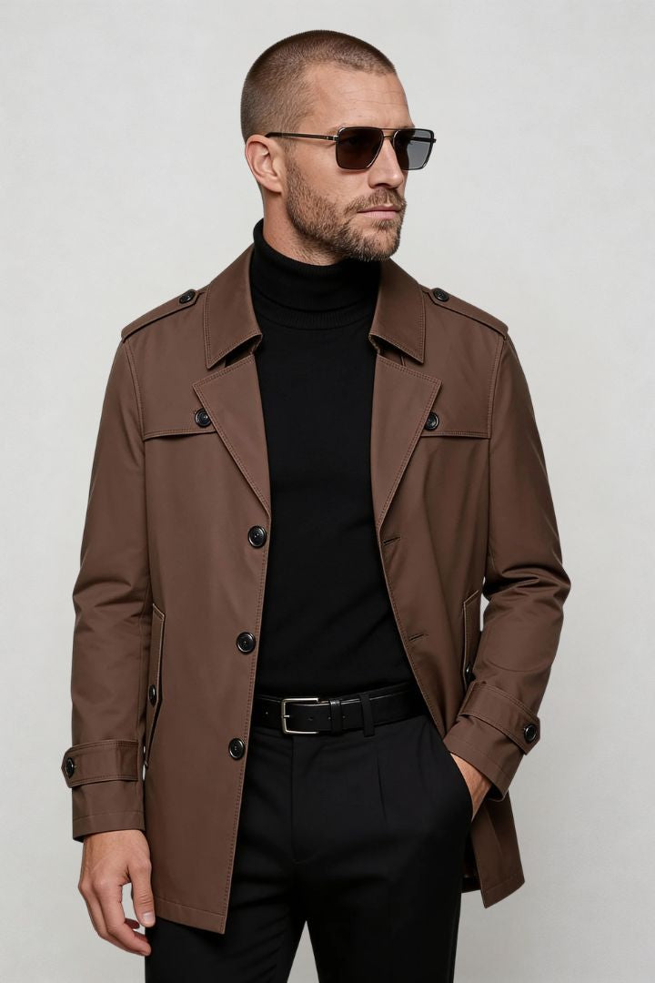 men’s brown mid-length tailored coat smart casual trench jacket structured fit front view