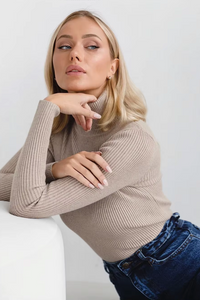 Beige ribbed turtleneck sweater for women, slim fit knit top