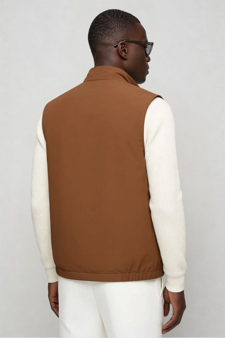 Men’s slim fit reversible lightweight zip vest for smart casual layering brown back