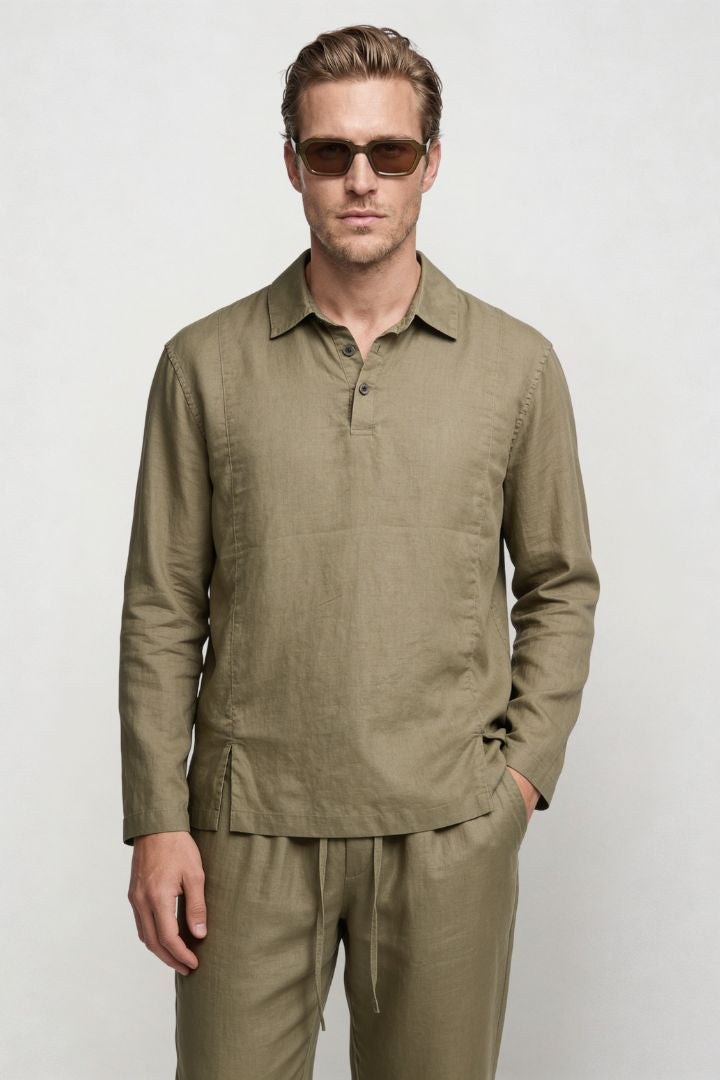 Men’s sandstone khaki linen polo shirt and linen pants summer outfit set with relaxed tailored fit