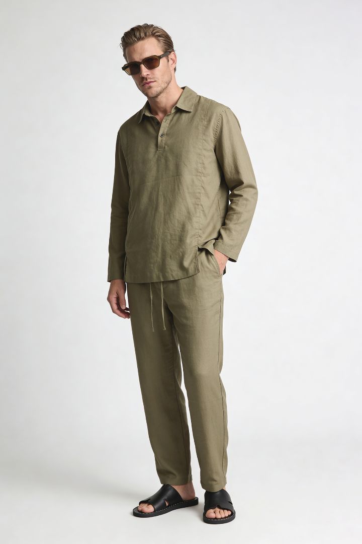 Men’s sandstone khaki linen polo shirt and linen pants summer outfit set with relaxed tailored fit full outfit