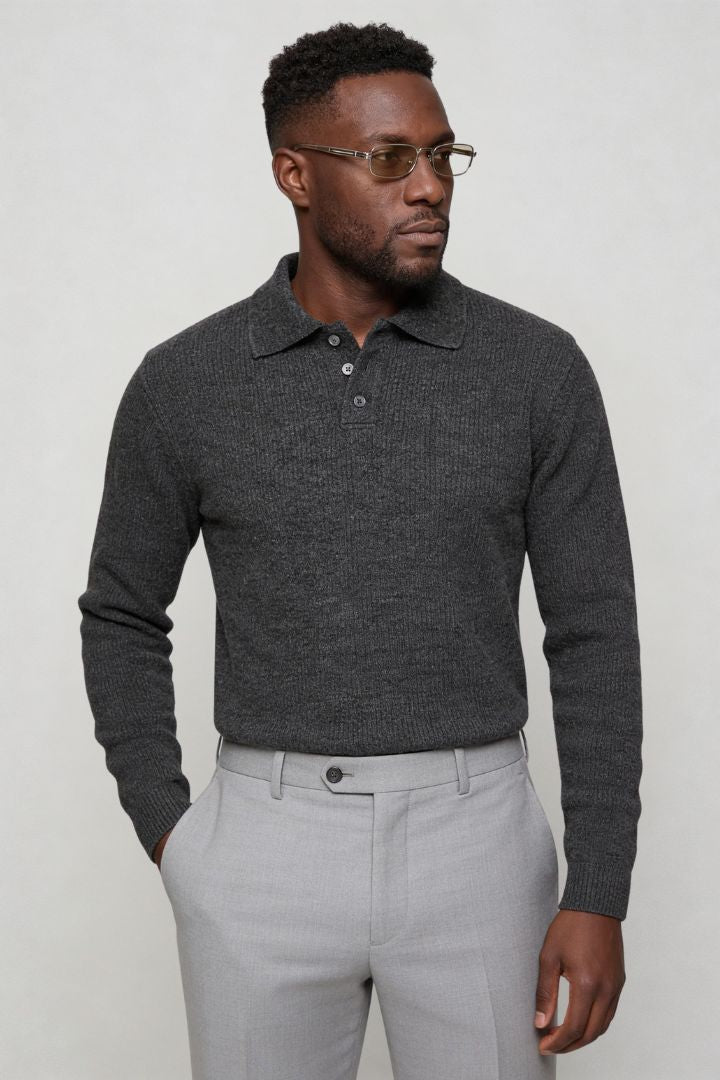 Men’s slim fit long sleeve knit polo with textured fabric and modern collar gray side