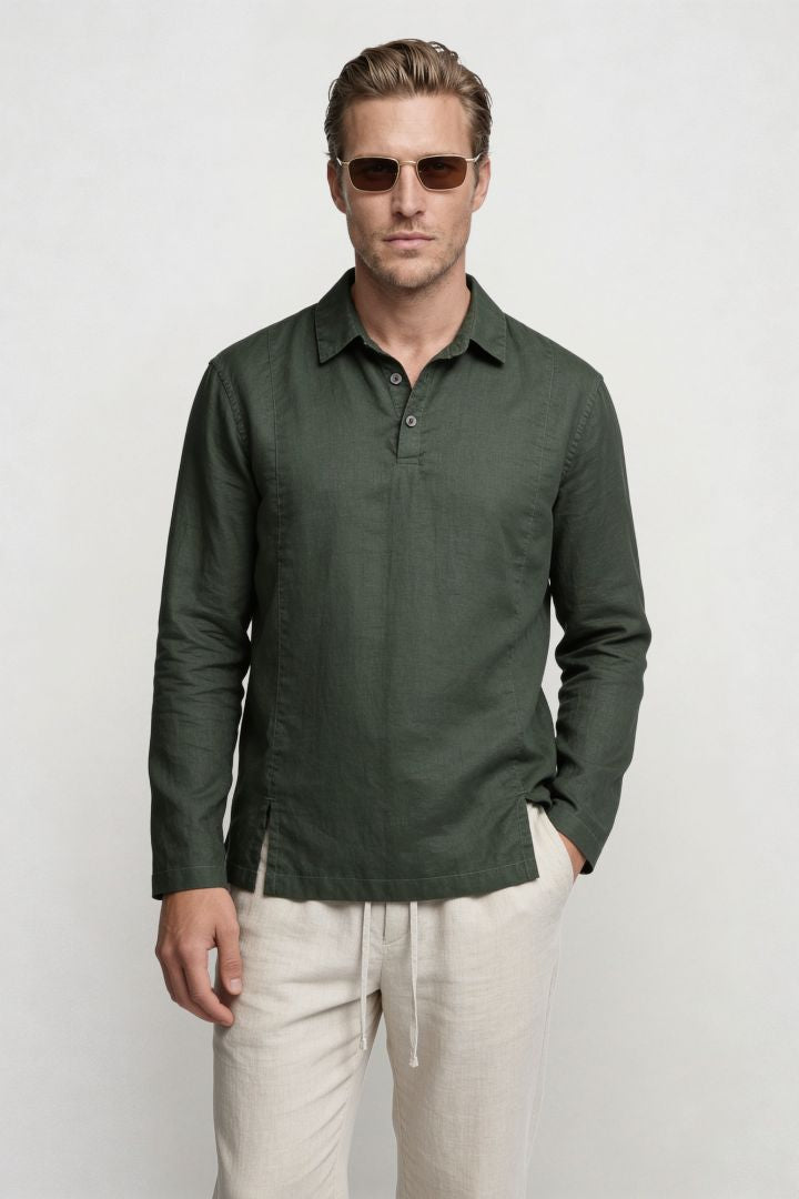 Men’s forest green linen polo shirt and linen pants summer outfit set with relaxed tailored fit