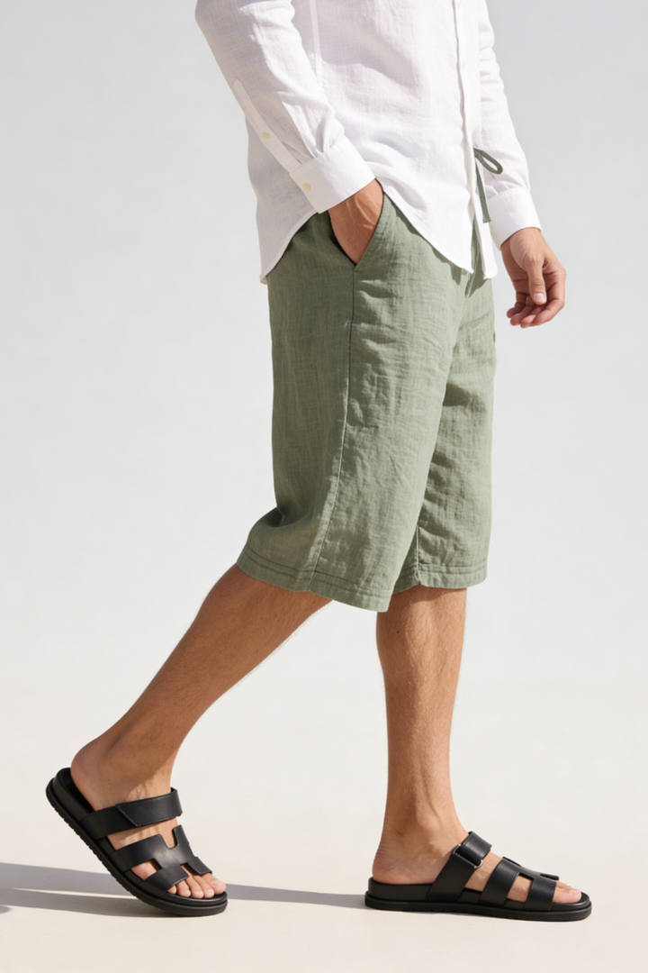 Trevor Linen Drawstring Capri Shorts - Green