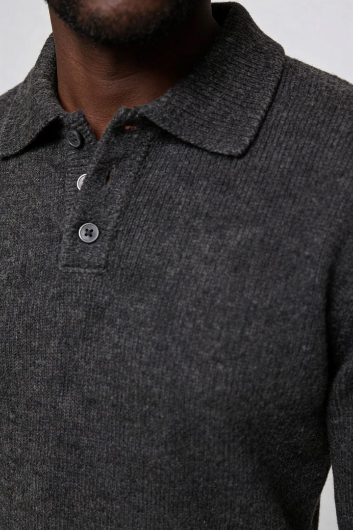 Men’s slim fit long sleeve knit polo with textured fabric and modern collar gray close up