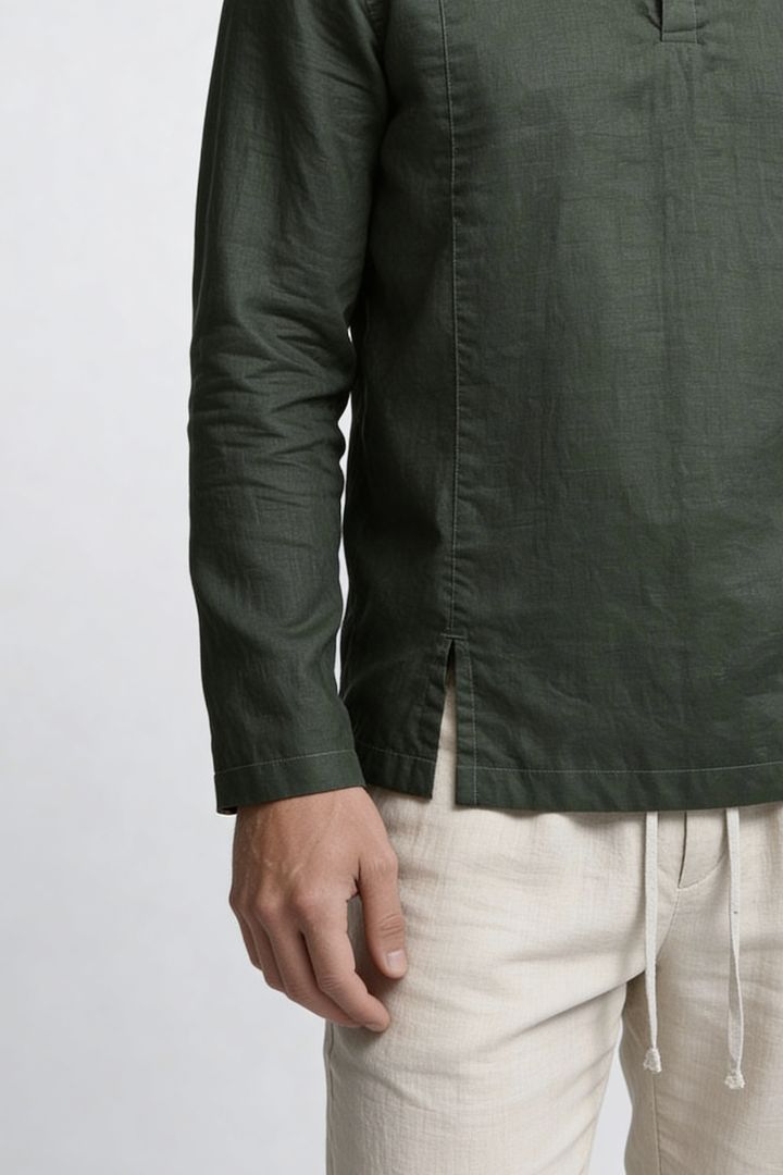 Men’s forest green linen polo shirt and linen pants summer outfit set with relaxed tailored fit close-up