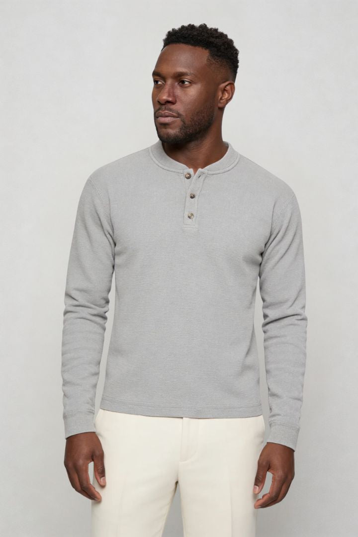 Men’s slim fit long sleeve henley shirt in cotton waffle knit texture