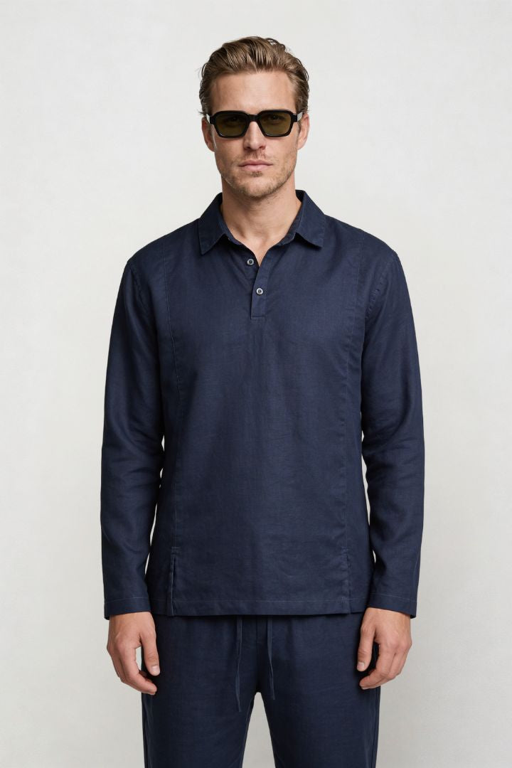 Men’s navy linen polo shirt and linen pants summer outfit set with relaxed tailored fit front view