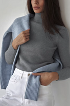 Grey ribbed turtleneck women’s sweater, long sleeve slim fit