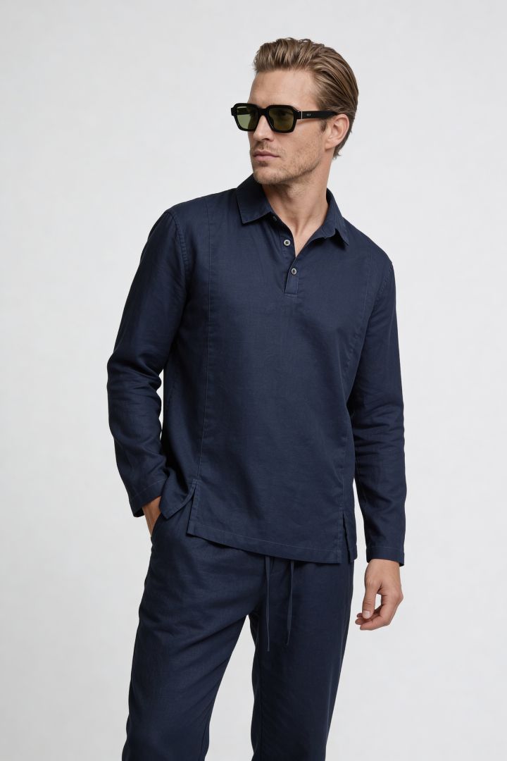 Men’s navy linen polo shirt and linen pants summer outfit set with relaxed tailored fit