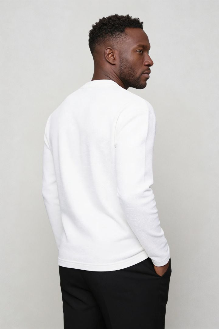 Men’s slim fit long sleeve henley shirt in cotton waffle knit texture back