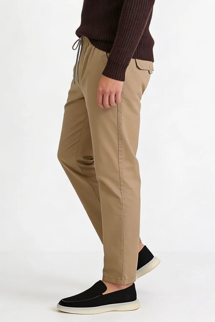 Men’s Desert Beige Cotton Drawstring Trousers – side view, breathable cotton comfort