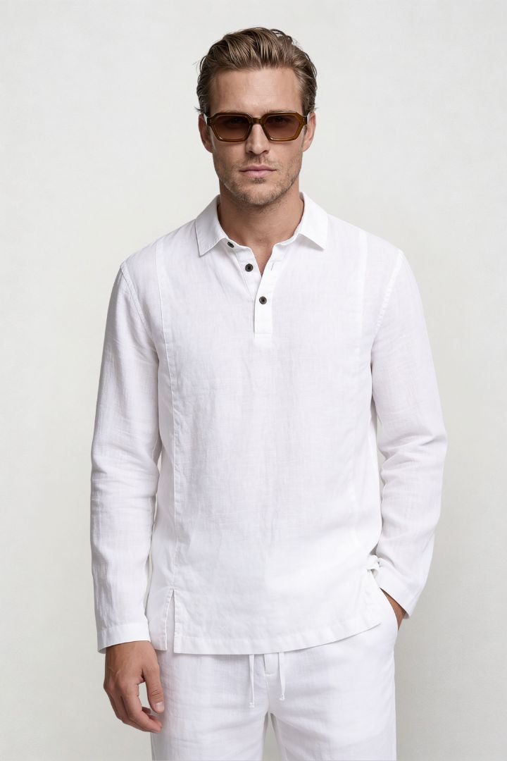 Men’s white linen polo shirt and linen pants summer outfit set with relaxed tailored fit