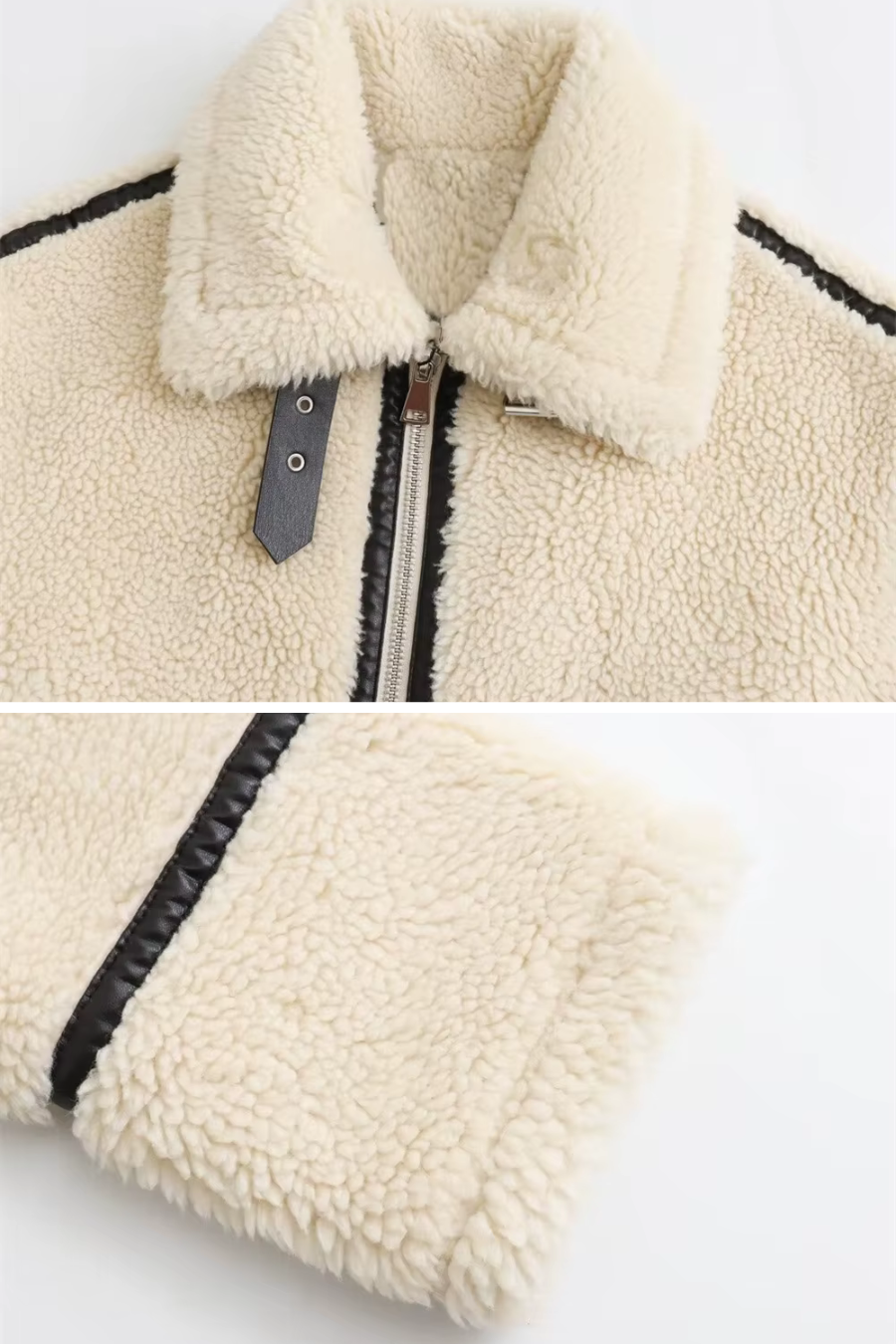 Soft sherpa collar and sleeve cuff with contrast black trim