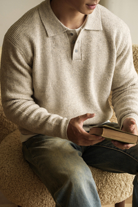 Redford Long Sleeve Knit Polo Sweater - Champagne