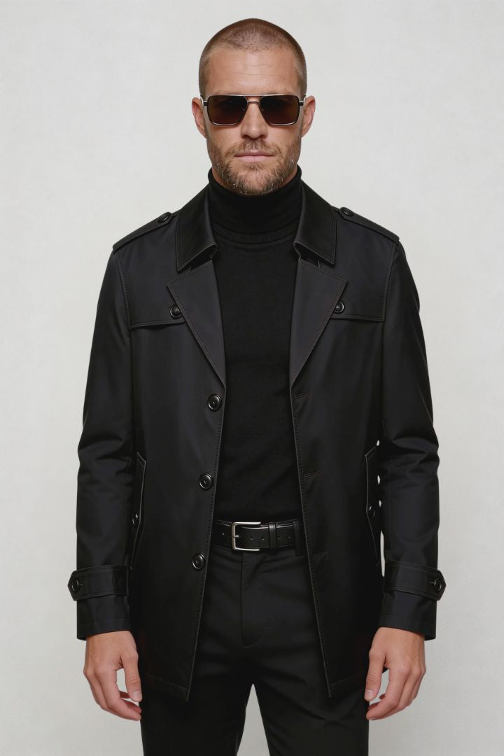 men’s black mid-length tailored coat smart casual trench jacket structured fit