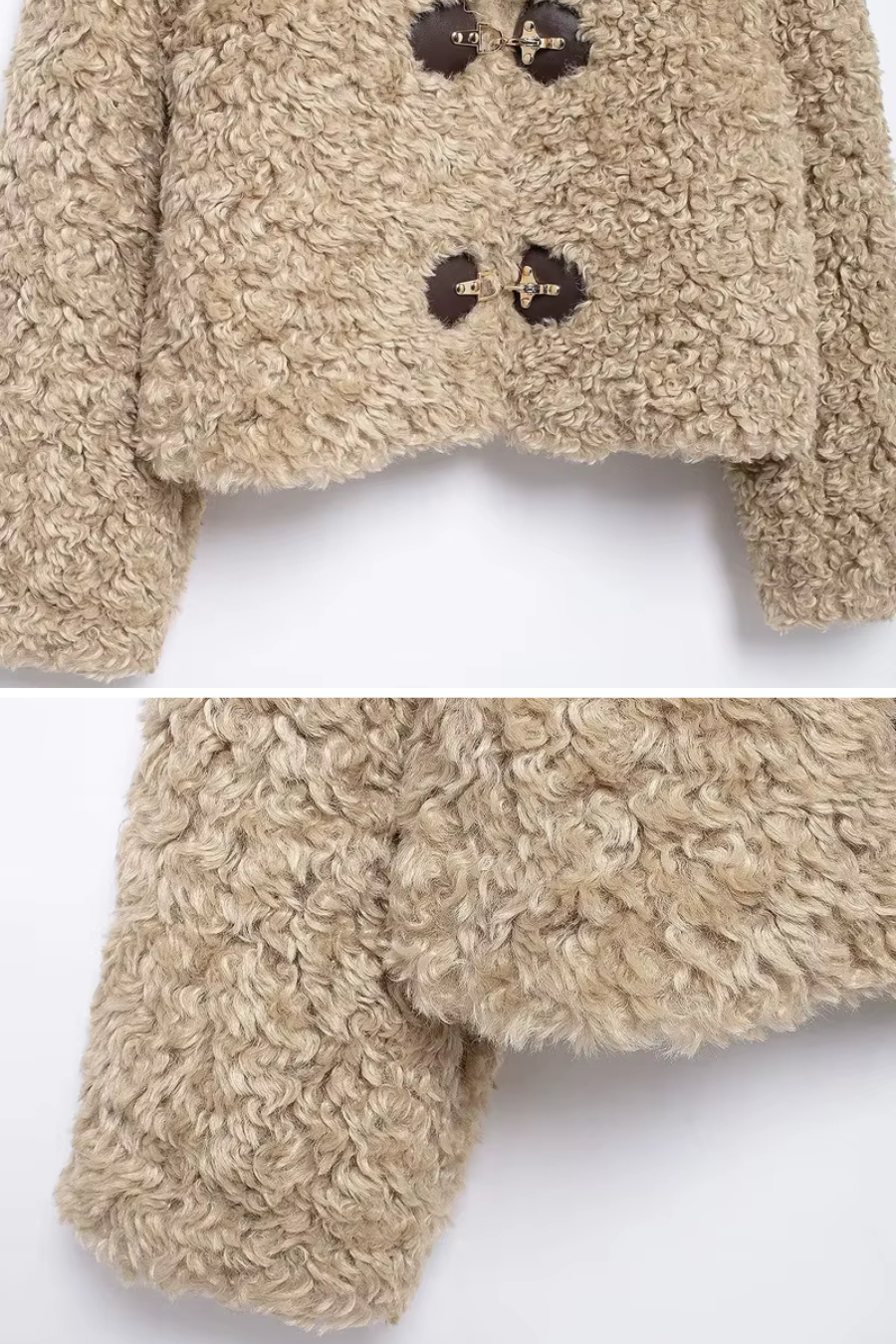 Curly teddy sherpa texture with clean hem and sleeve—camel toggle jacket detail.