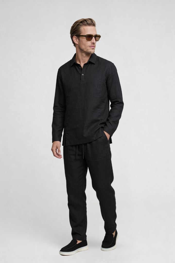 Men’s black linen polo shirt and linen pants summer outfit set with relaxed tailored fit