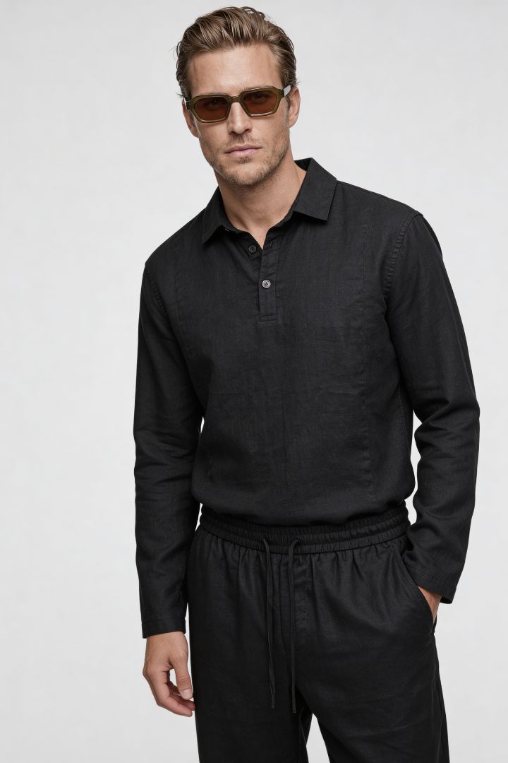Men’s black linen polo shirt and linen pants summer outfit set with relaxed tailored fit Lavencio model