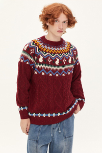 Aria Fair Isle Cable Knit Sweater - Burgundy